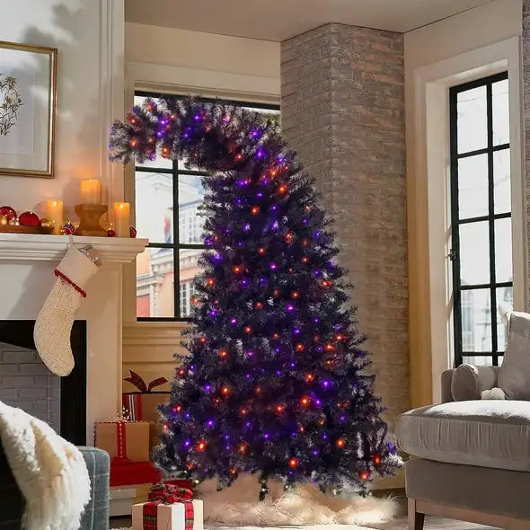 6FT Artificial Fir Bent Top Halloween Christmas Tree, Xmas Tree Bendable Style Christmas Tree Holiday Decoration W1,080 Branch Tips, 300 LED Lights X Mas Halloween Style