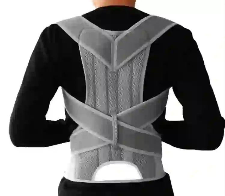 Gray back brace with ergonomic design and adjustable straps, ideal for posture correction and spinal support during daily wear.
