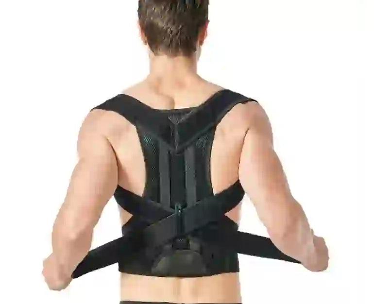 Black adjustable posture brace for men, offering orthopedic back support and ergonomic fit for posture improvement.