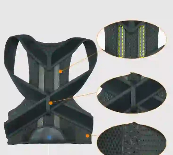 Close-up of black posture brace with detailed stitching and mesh panels, showcasing ergonomic design and adjustable support features.